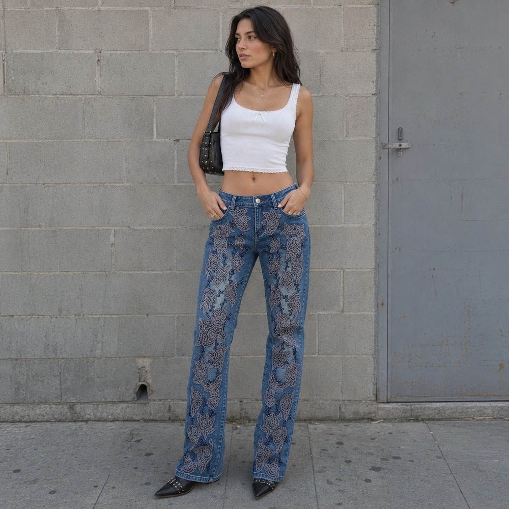 AZI VTG Embellished Floral Skinny Jeans Womens 8 Blue Y2K Stretch Denim Pants - Picture 3 of 13